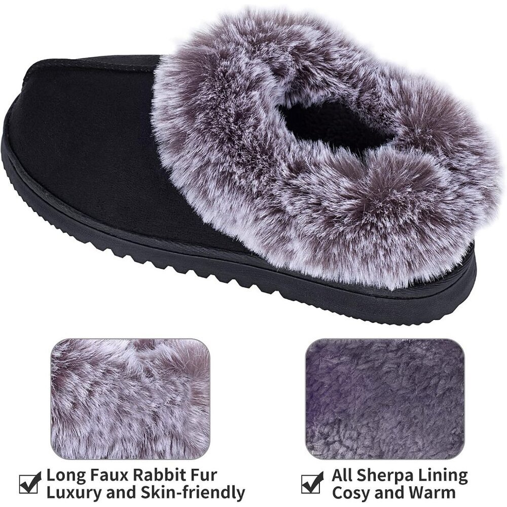 Women's Fuzzy Cozy Faux Fur Memory Foam  Rubber Sole Slippers Boots Black Shoes - Picture 3 of 6
